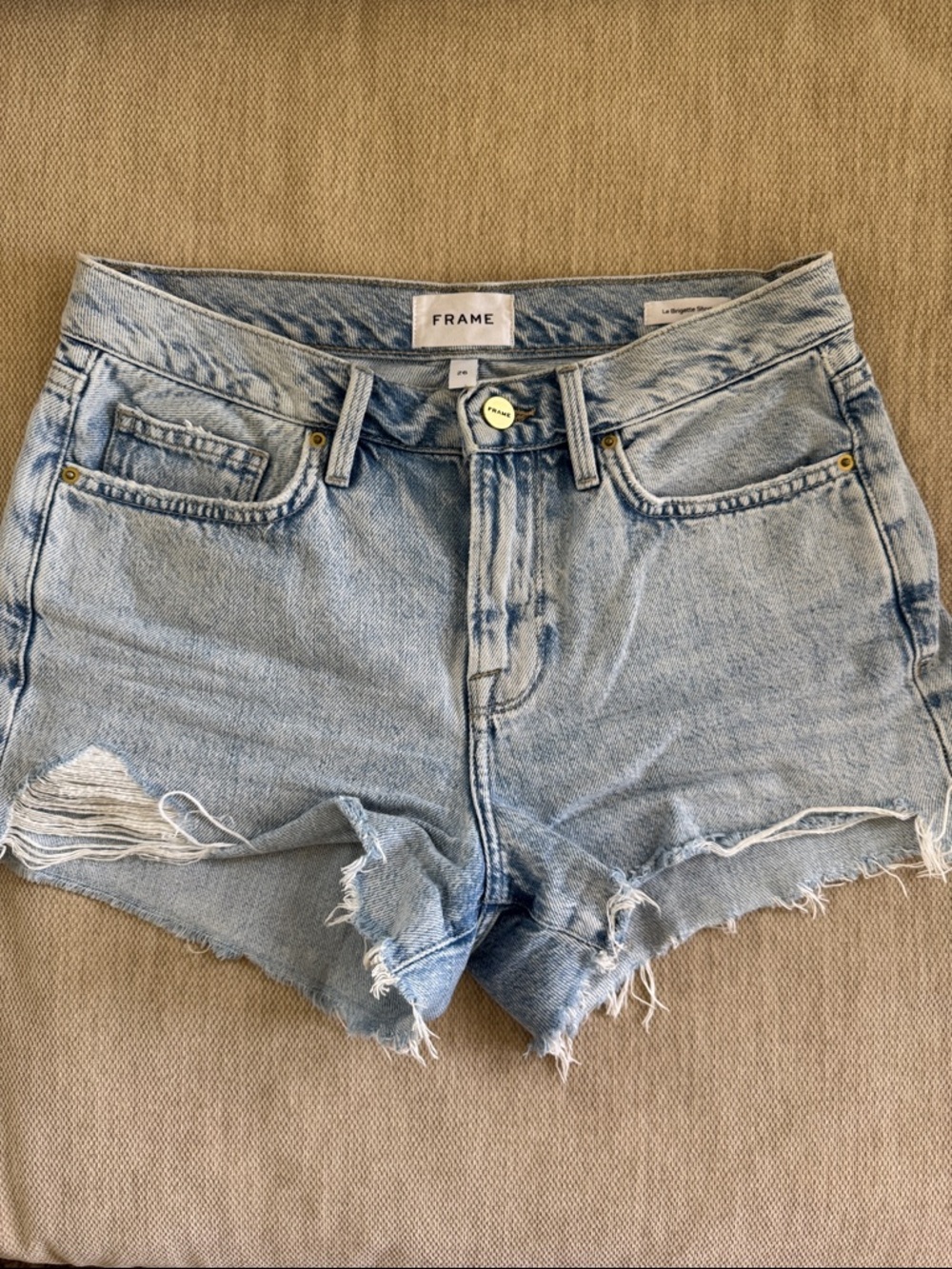 Frame Light Wash Frayed Hem Denim Shorts